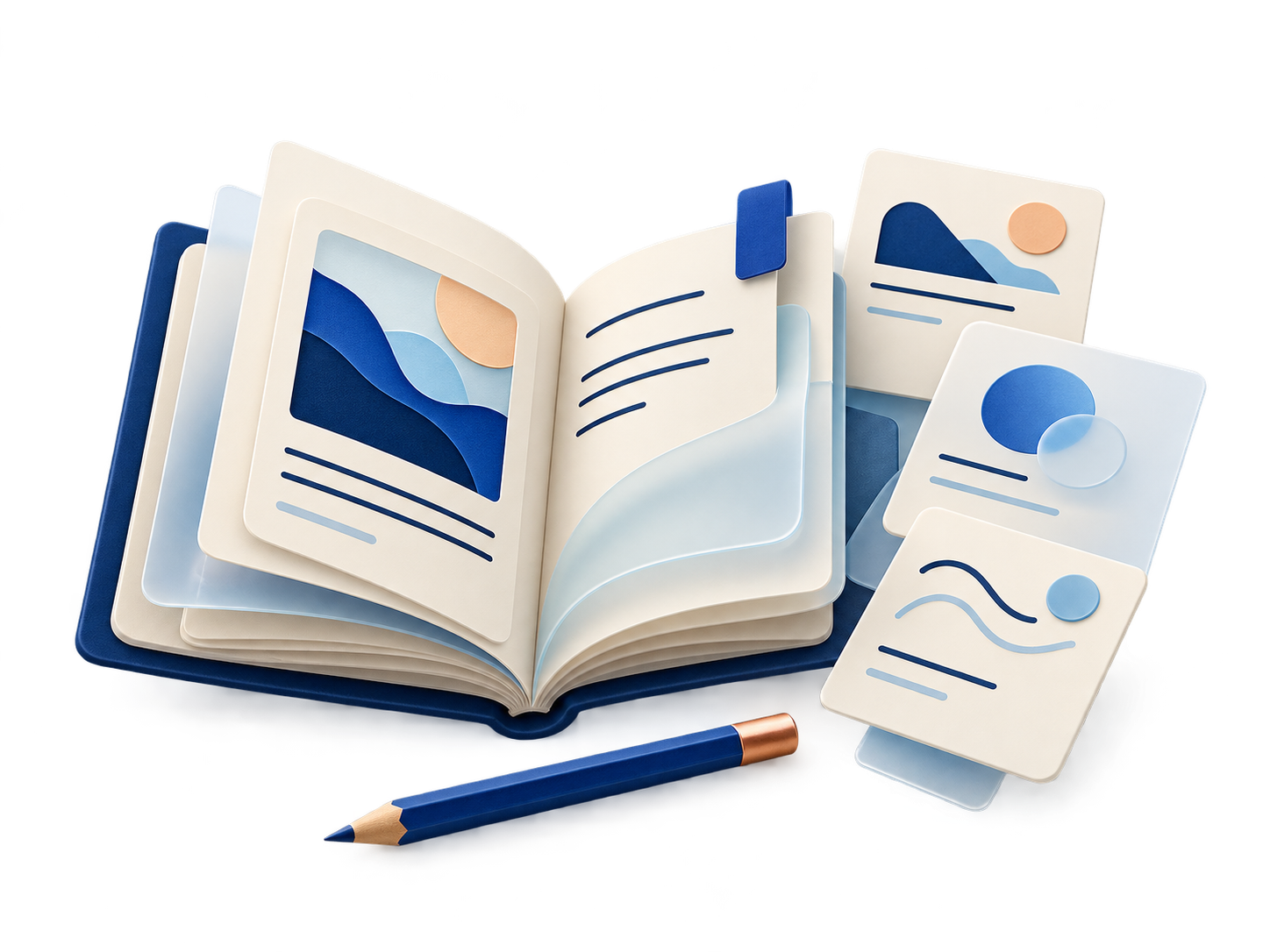 Open editorial folio with story cards and a pencil