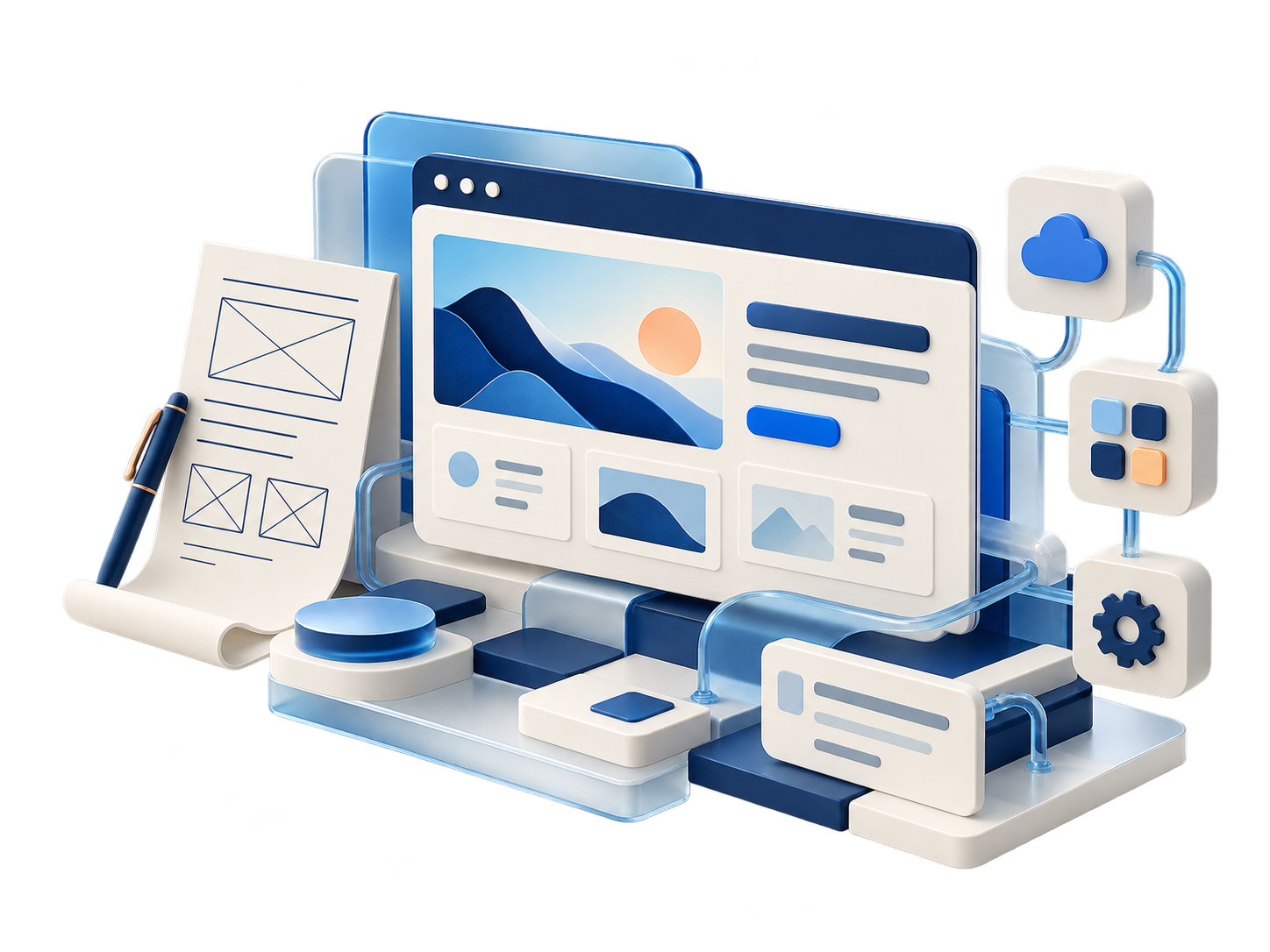 Website, application and integration components arranged with a design wireframe