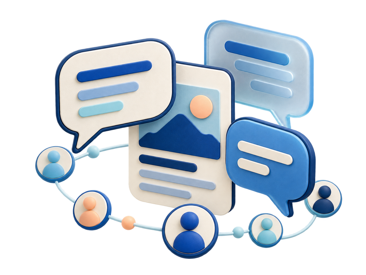 Conversation bubbles connecting an editorial card with an audience
