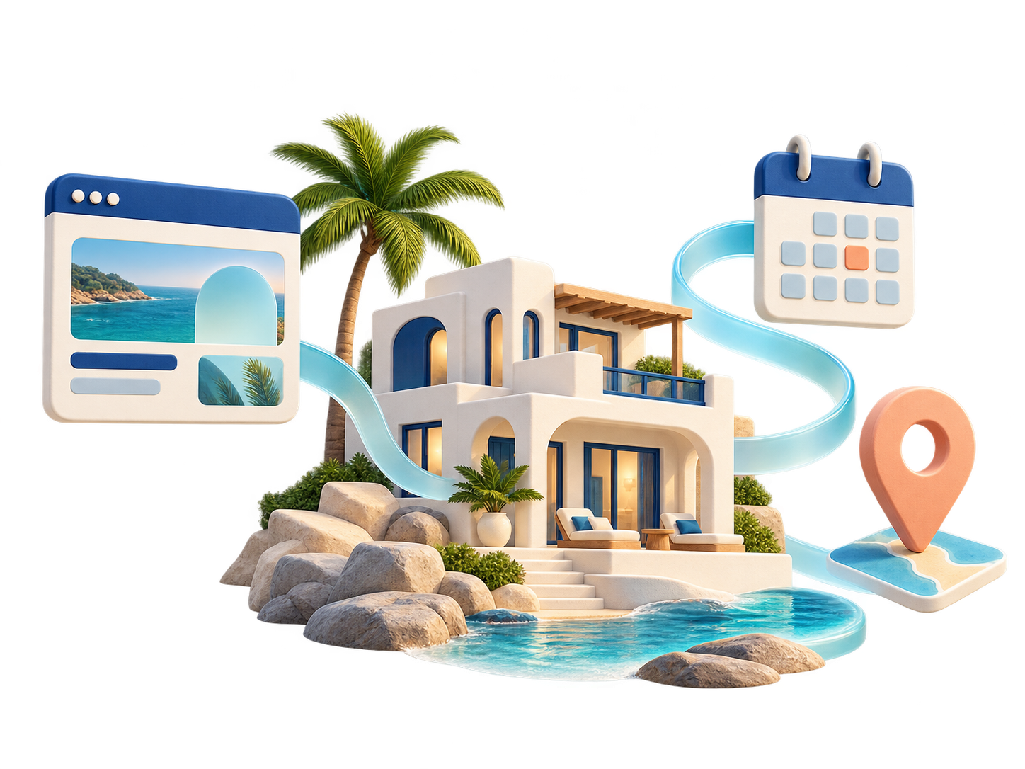 Coastal accommodation connected to a website, booking calendar and map pin